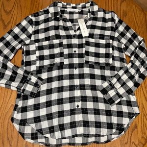 NWT. All in Favor Black, White, and Silver Plaid Button Up Top Sz S